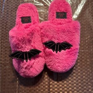 Pink Fuzzy Slippers with Bat Design
